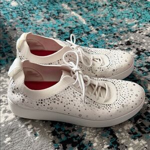 Skechers White Crystal-Embellished Knit Lace-Up Slip-On Sneakers - Women